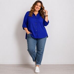 Catherines Womens 1X 18/20W Royal Blue Polka Dot Roll Tab Button Down Shirt EUC